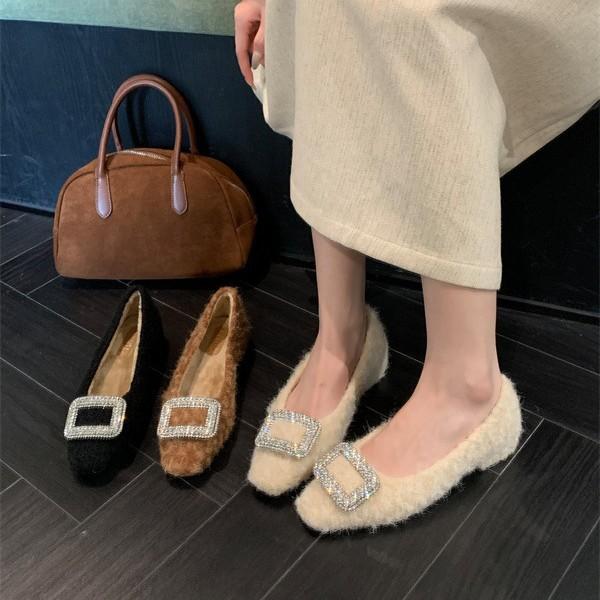 2025 autumn and winter new gentle rhinestone square head velvet bean single shoes fashion fluffy shoes wear cotton ladyshoes