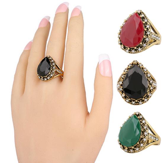 Women's Ethnic Inlaid Vintage Water Drop Shiny Rhinestone Shape Ring Jewelry