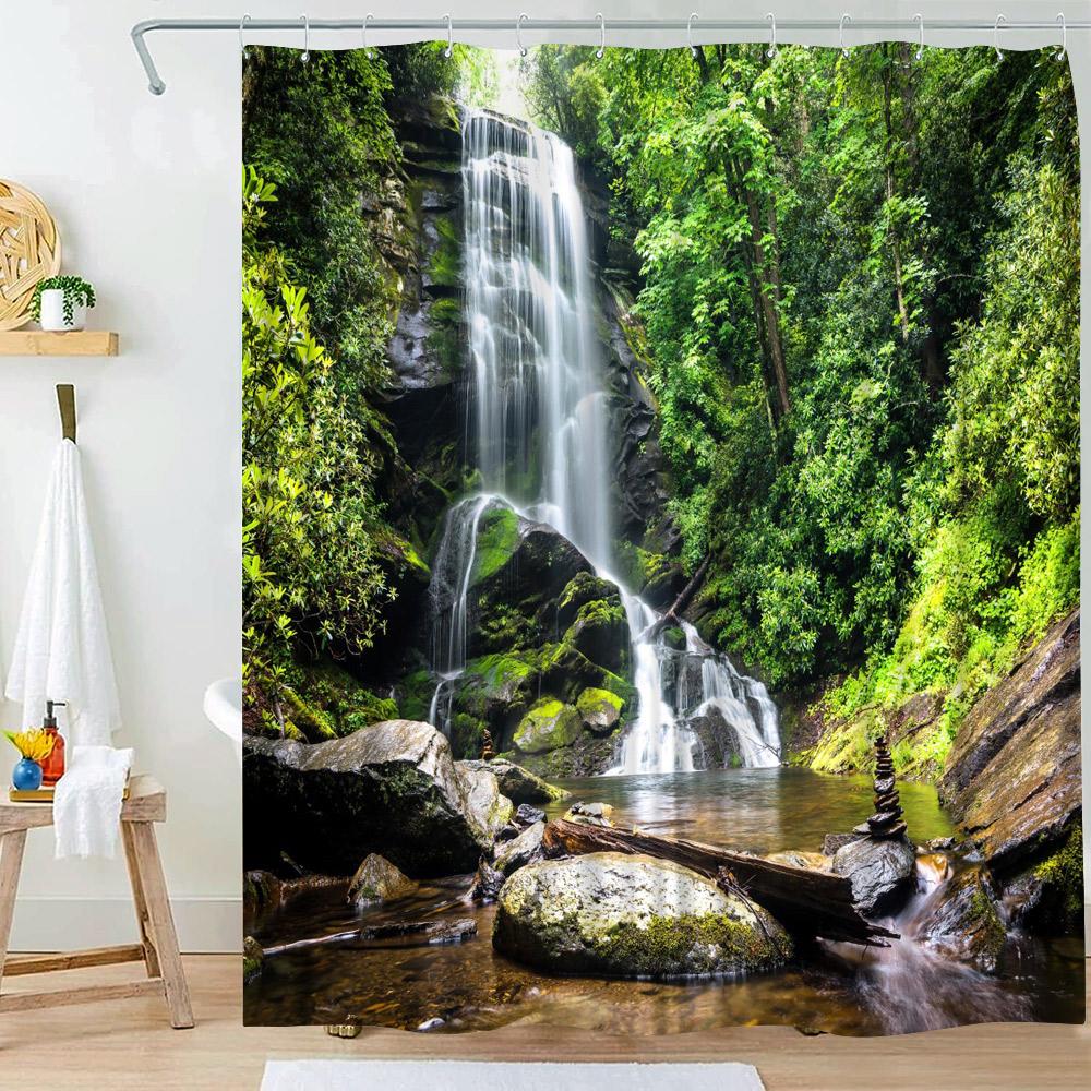 Waterfall Shower Curtain Natural Landscape Outside Window Scenery Forest Flowing Stream Bathroom Decor Polyester Bath Curtains