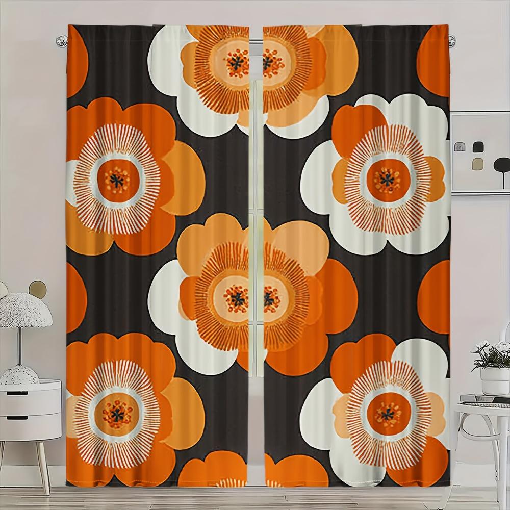 2Pcs Mid-Century Retro Curta No Rod — Orange & White Groovy Floral Pattern On Charcoal, Sheer Polyester For Living Room, 53x116cm 2pc21x46in
