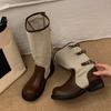 Retro Summer Cowboy Boots Heap Thick Heel Fashion Wide Tube Boots Splicing Knight Boots Women's New Western Round Head