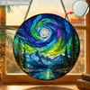 1pc 2D Flat Landscape Stained Glass Suncatcher, 6.3/7.87 Inch Starry Night Mountain Landscape Stained Glass Window Hanging, Forest Lake Glass Wall