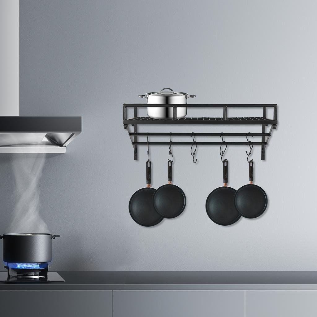Modernt väggmonterat köksförvaringshylla - Förvaringsställ för köksredskap, kastruller, pannor med 10 krokar, Utrymmesbesparande design, Maxbelastning 20 kg/44 lbs