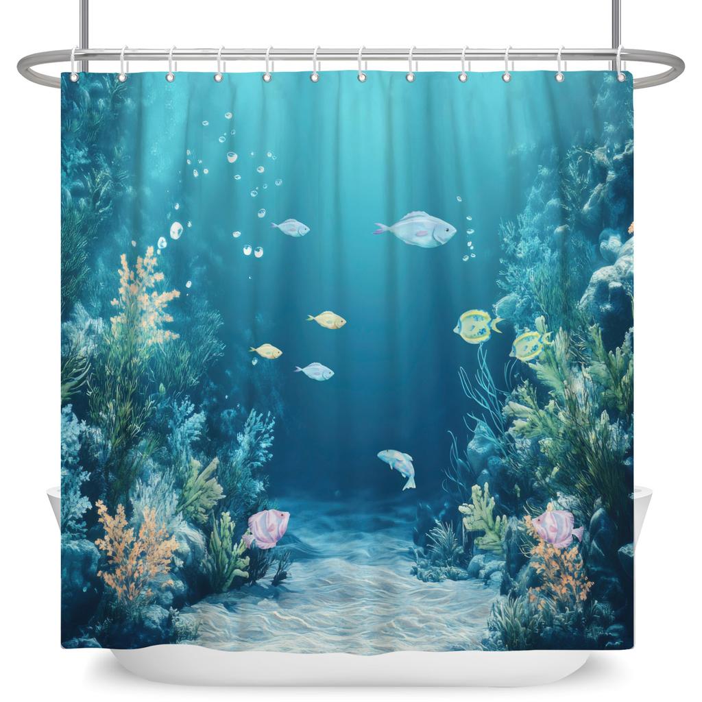 Underwater World Theme Bathroom Shower Curtain Sharks Turtles Jellyfish Decor Waterproof Bathroom Polyester Curtain With Hooks