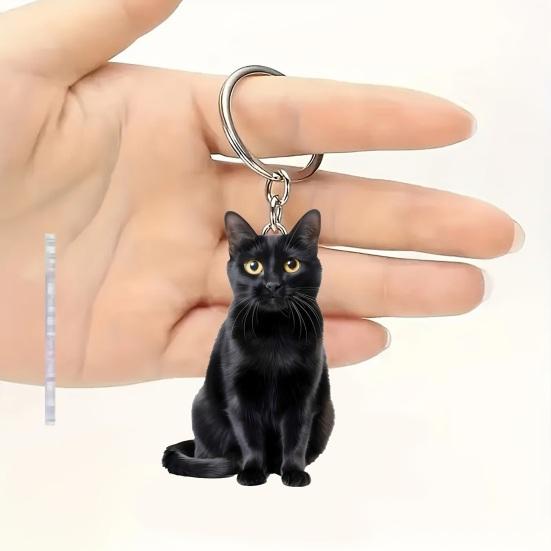 Pendentif Sac 2D Acrylique Plat Noir Blanc Chat Breloque Porte-clés Portable Léger Organisateur de Clés Accessoire Pendentif Sac à Dos