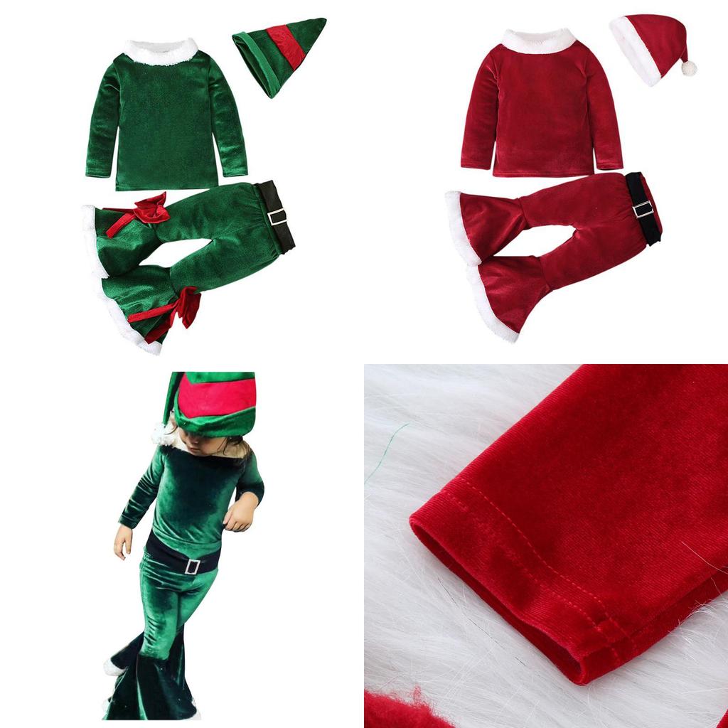 Festive Christmas Kids Girls Plush Flared Pants Suit With Santa Hat Tree Hat