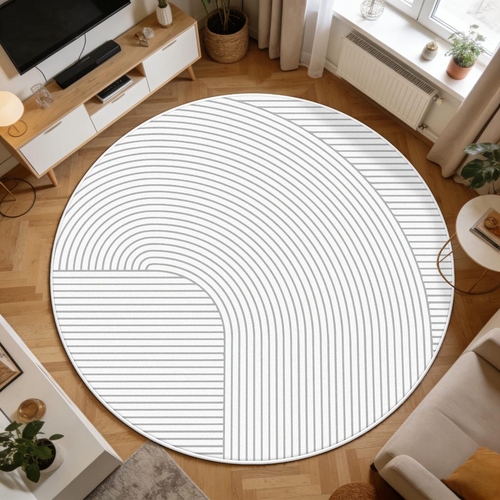 Light Beige Minimalist Lines Living Room Round Rug Decoration Bedroom Office Fluffy Carpet Easy Clean Soft Tables Chairs Mats