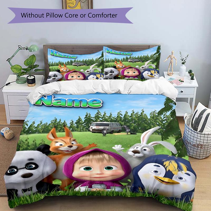 Custom Name Happy Cartoon Animal Friends Print 3Pcs Bedding Set Duvet Cover With 2 Bedro Pillowcase Home Birthday Gift