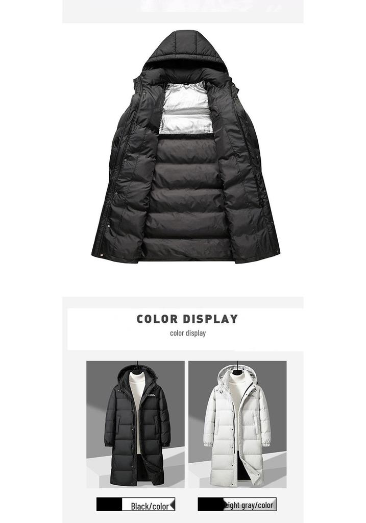 Men's Trendy Hooded Mid-Length White Duck Down Jacket - Warm Winter Outerwear for Couples.