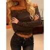 Top T-shirt Crop da Donna a Manica Lunga Scollo Bardot con Bordi in Pizzo Slim