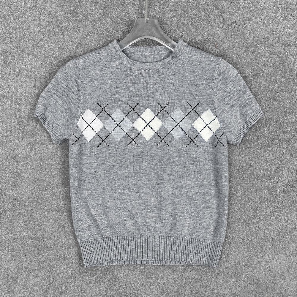 

Женский ретро топ RA тонкой вязки с ромбовидным узором - Короткий рукав, Повседневный, Универсальный Medium серый