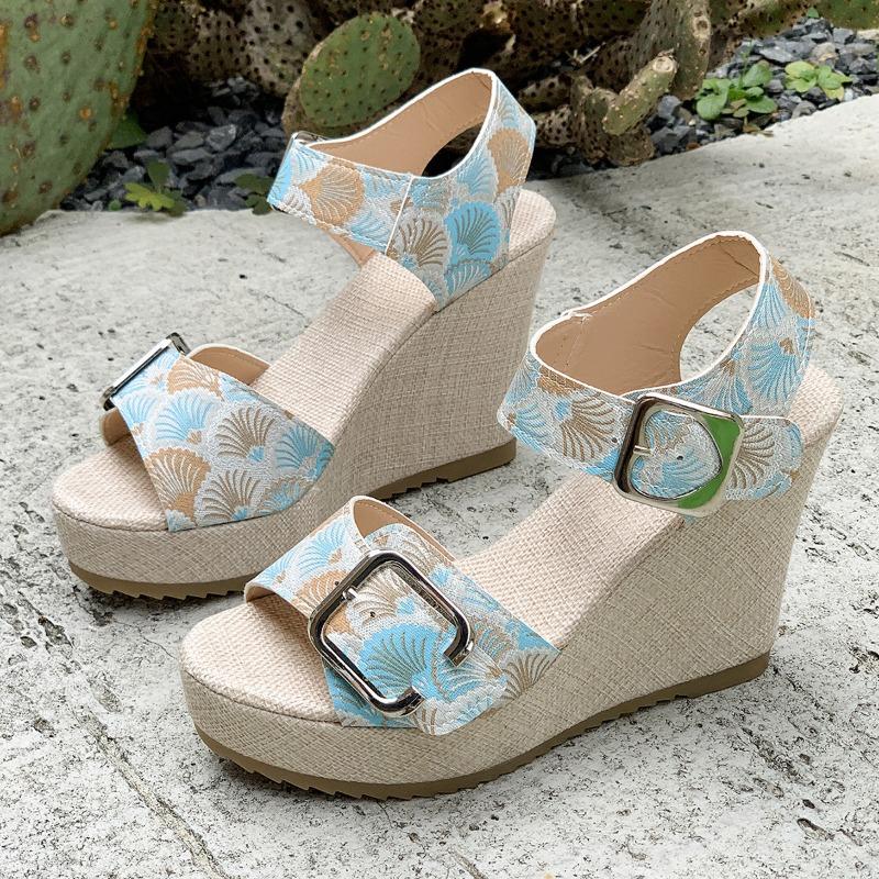 Spring and summer new buckle fashion wedge sandals printed muffin thick-soled fish mouth sandals women