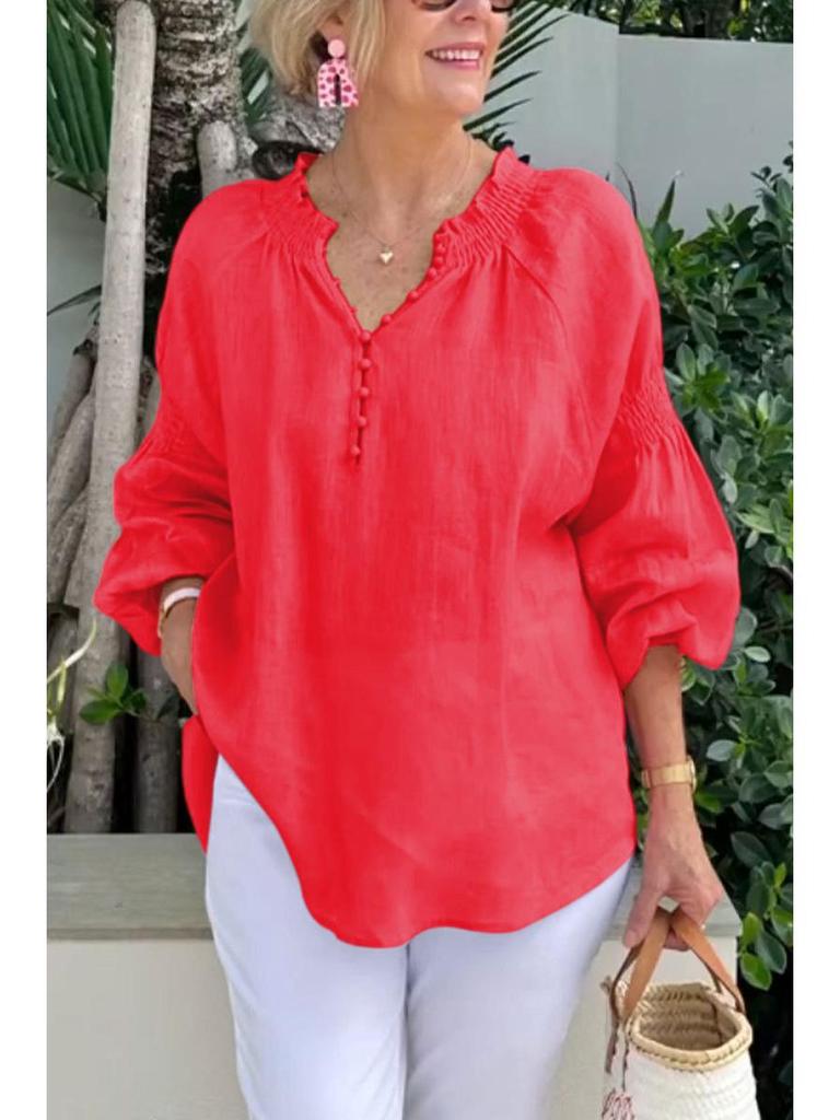 2025 Vår/Sommar Dam V-ringad Bomull Linne Långärmad Ledig Topp