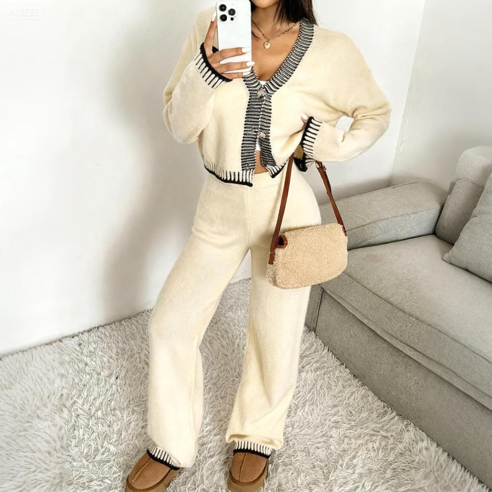 Женский комплект из топа с V-образным вырезом и брюк, с цветовыми блоками, свободного кроя, стильный и элегантный комплект-двойка S