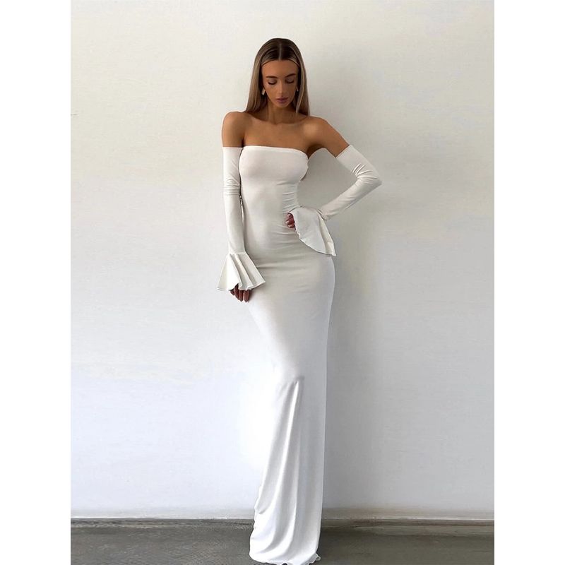 

Gusty Fancy Elegant Adult Lady like Woman Formal Dress Dress Flared Sleeves Tight Strapless Bodycon Dress Fishtail Dress White M