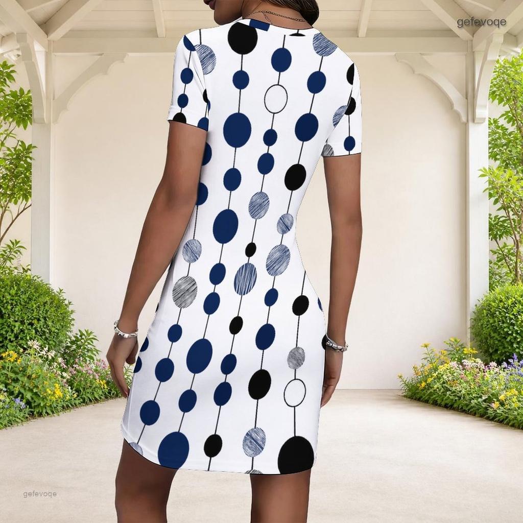 Women Plus Size Round Neck Short Sleeve Dots Printed Fitted Mini Dress