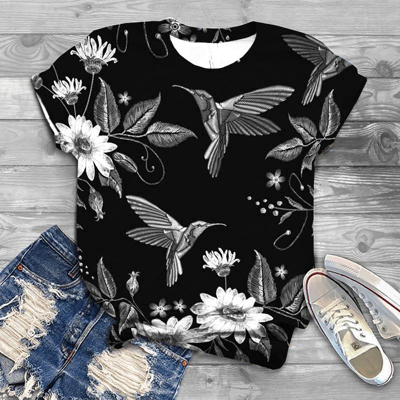 Women Summer T Shirt Trend Bird Print Retro Fashion Short Sleeve Tees Casual   Printed  Tops