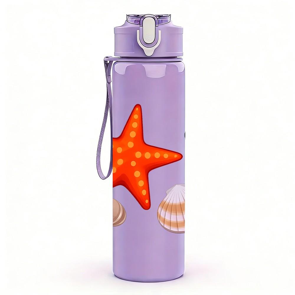 1PC Starfish Seashell Set Art 750ml Color Plastic Sports Water Bottle Leakproof Flip Straw Lid Suitable for Sports Office Home Use