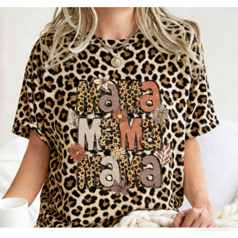 Funny Leopard Mama Colorful Print Women's Short Sleeves T-Shirt Loose Casual Summer Outdoor Street Women's Tees Tops