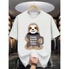 Cute Sloth Coffee Print Men's U-Neck T-Shirt, Featuring a Humorous and Playful Design, Perfect for Casual Casual Attire. Suitable for All Seasons