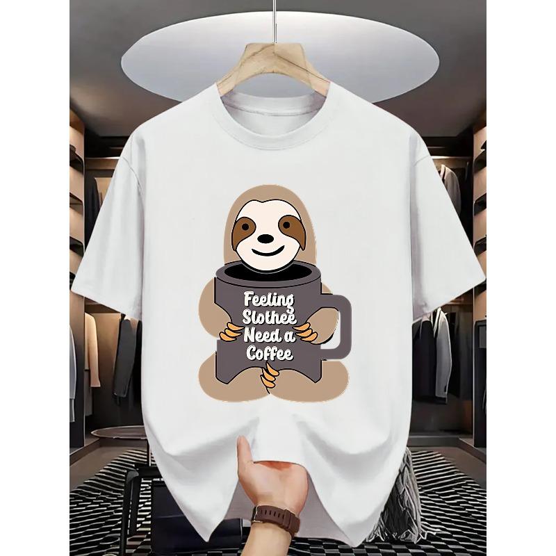 Cute Sloth Coffee Print Men's U-Neck T-Shirt, Featuring a Humorous and Playful Design, Perfect for Casual Casual Attire. Suitable for All Seasons