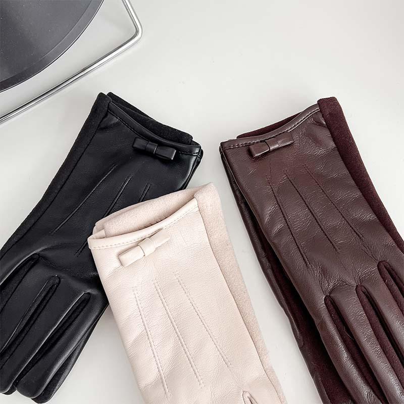 New Leather Finger Gloves for Women's Winter Outdoor Cycling, Warm and Cold Proof, Solid Color, High-end Feeling Gloves
