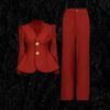 Elegant Style Two-piece Suit With Large Decorative Buttons Long-sleeved + Pure Color Straight Trousers Women