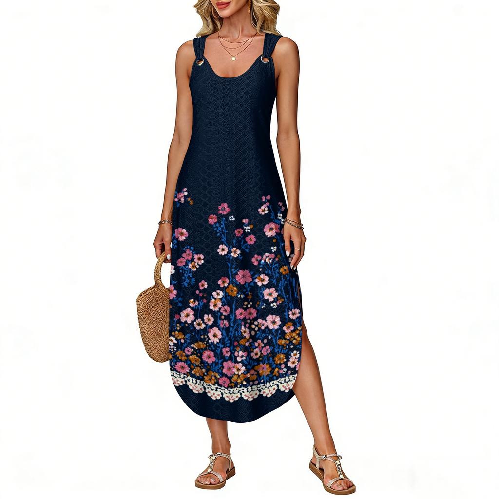 Women's Summer Long Dress, Sleeveless With Side Slits, Long Retro Printed Camisole Dress