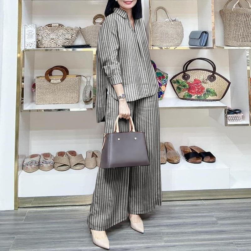 ZANZEA Women Long Sleeve Blouse and Pants Stripe Print Casual Two Piece Sets