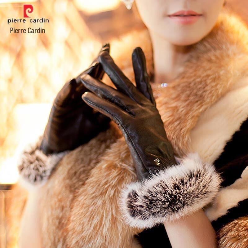 Pierre Cardin Women s Winter Genuine Sheepskin Leather Gloves with Rabbit Fur Trim XXL