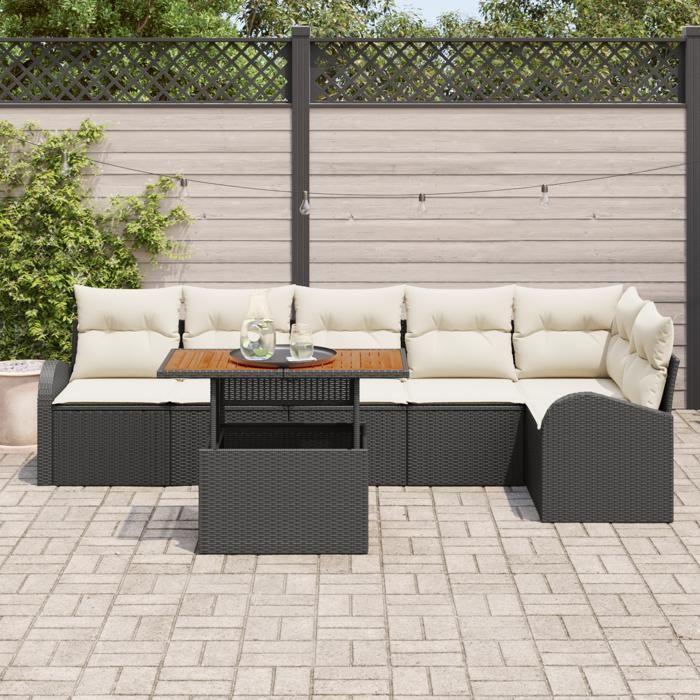VidaXL Ensemble de salle à manger de jardin 7 pièces avec coussins en noir poly rotin acacia 3349592