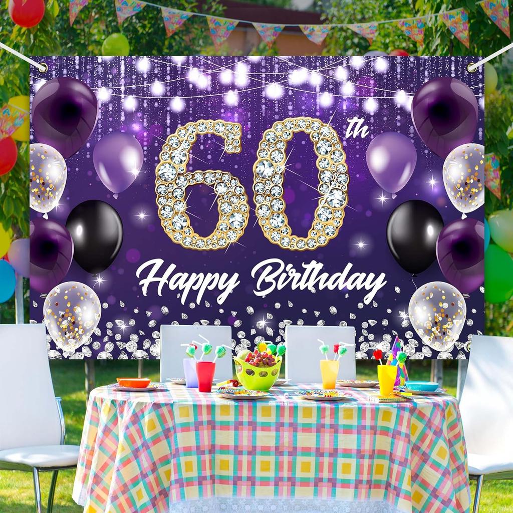 Happy 60th Birthday Backdrop Banner Purple Theme Background with Shiny Diamond Noble Elegant Birthday Party Photo Photography Prop Booth Background