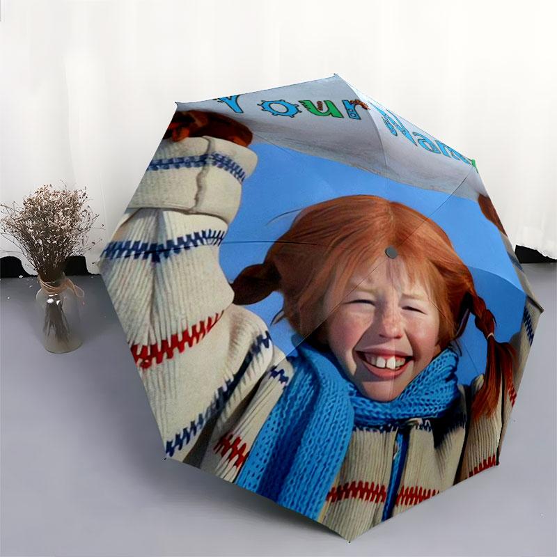 1 PC Automatic Folding Umbrella - Pippi Longstocking Custom Name Pattern, Portable & Foldable Design with 8 Ribs, Christmas Birthday Gifts