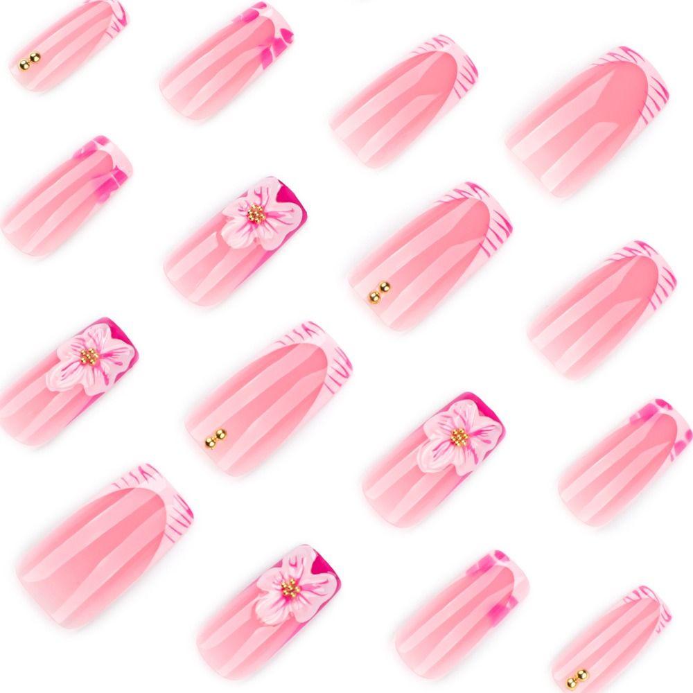 Unghie Finte Lunghe Staccabili Stile Ballerina Fiori Rosa e Strisce Unghie Finte Francesi Unghie Finte Full Cover per Donne