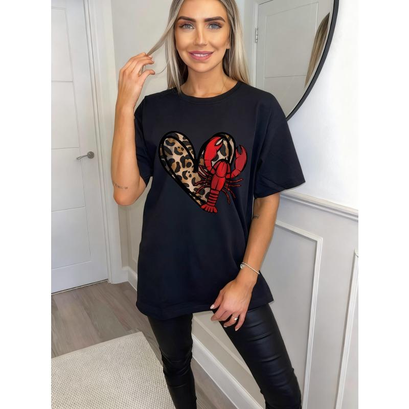Oversized T Shirt Black Lobster Heart Leopard Print Summer Casual Wear
