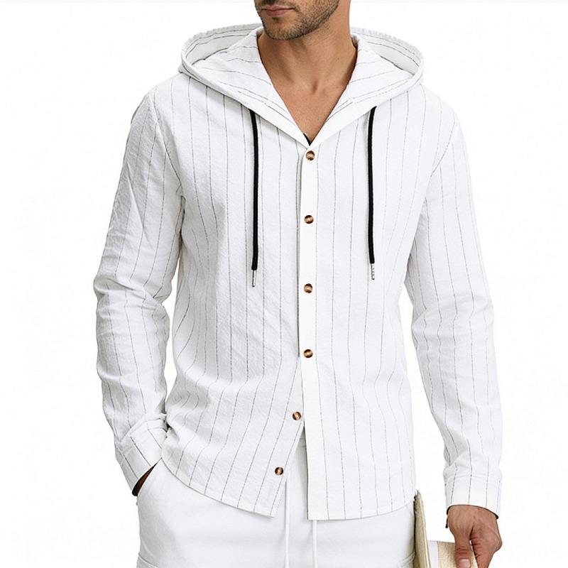 Men Striped Linen-Like Hooded Button-Up Long Sleeve Shirt S