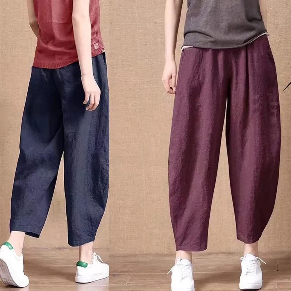 Cotton Harem Loose Solid Casual Elastic Summer Cropped Pants Navy [JINJUDUO] Women's Pants, Fit, Color, Pants, Waist, (XL, Blue)