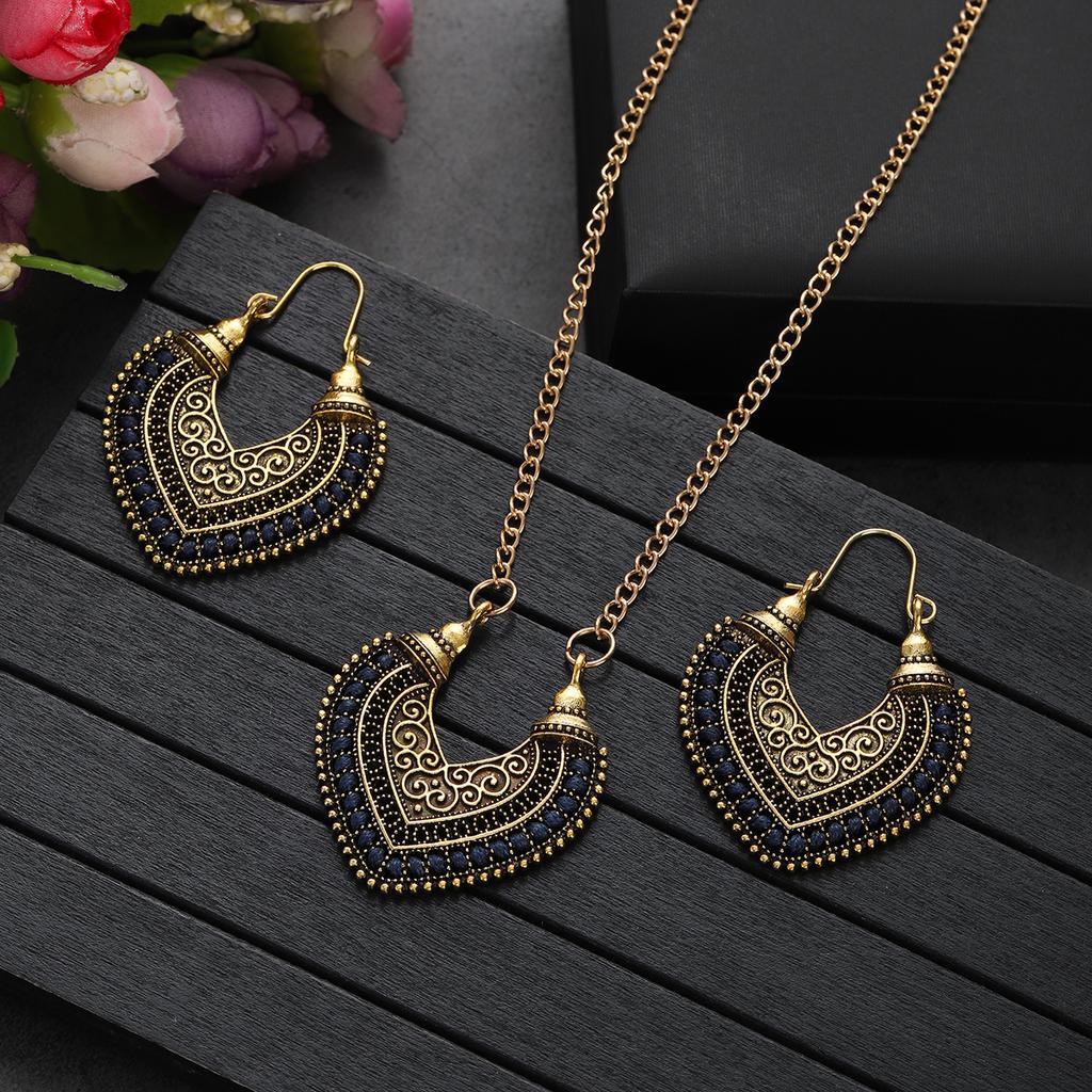 Vintage Ethnic Gold Color Drop Earrings Necklace for Women Heart Shape Statement Earrings Bohemian Rope Wrap Zircon Bijoux