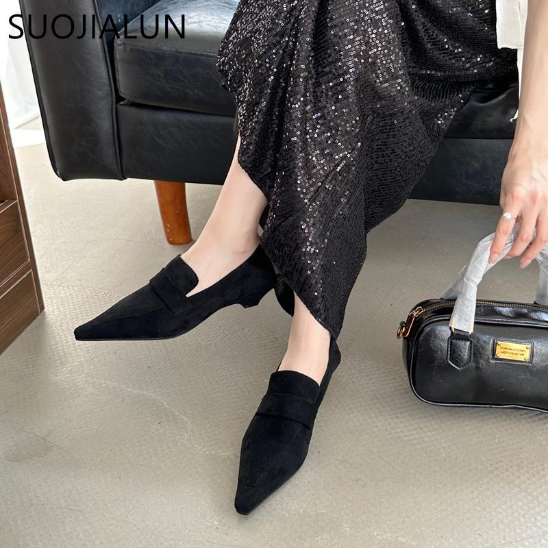 Mode SUOJIALUN 2024 Neue Marke Damen Bootsschuhe Spitze Zehenpartie Slipper Damen Elegant Einzelne Schuhe Quadratischer Niedriger Absatz Kleid Pumps Schuhe