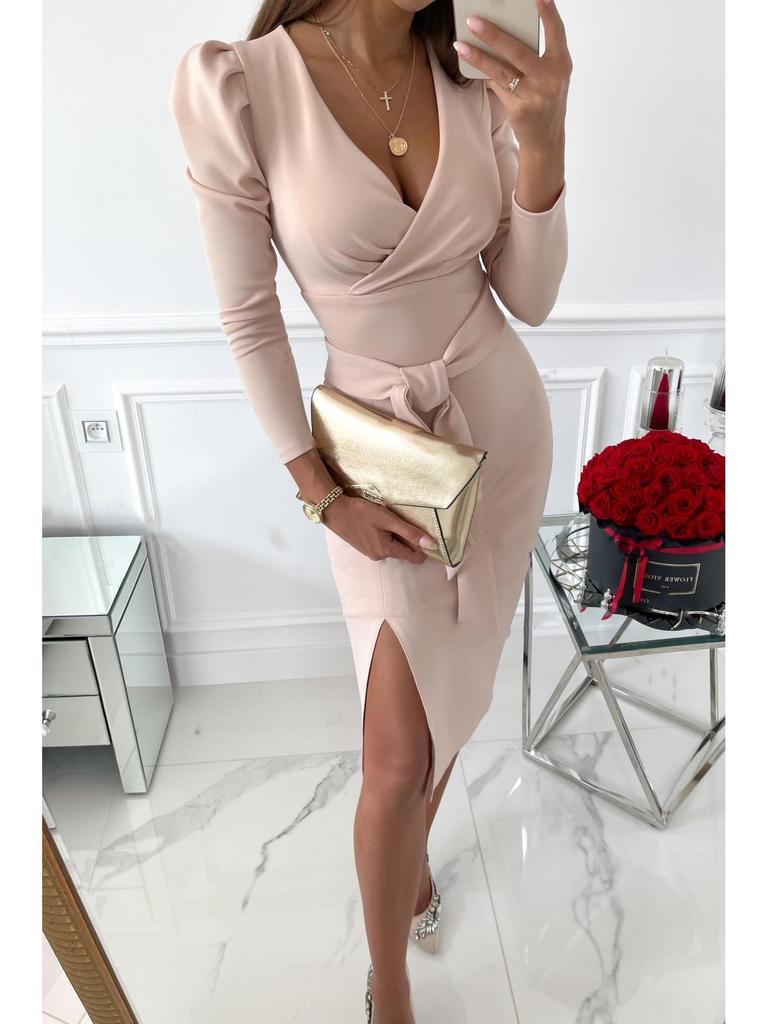Autumn V-neck Tie-up Dress: Sexy, Elegant, Solid Color for Women