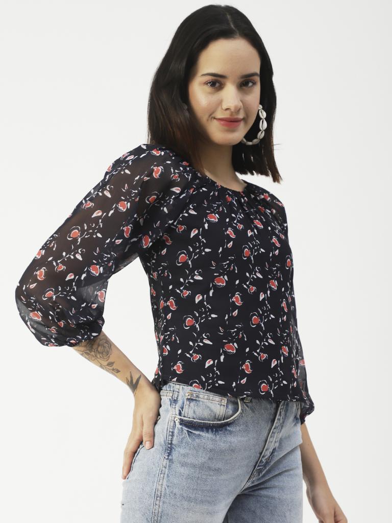 Moomaya Printed Top Round Neck Sheer Long Sleeve Tops For Women