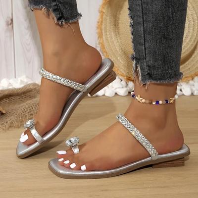Rhinestone Set Toe Slippers Female Summer New Square Head Word with Temperament Flat Sandals