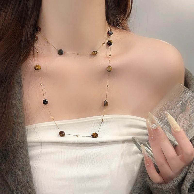 Layered Tiger Eye Pendant Necklace Women Vintage Melange Style Long Chain Statement Jewelry