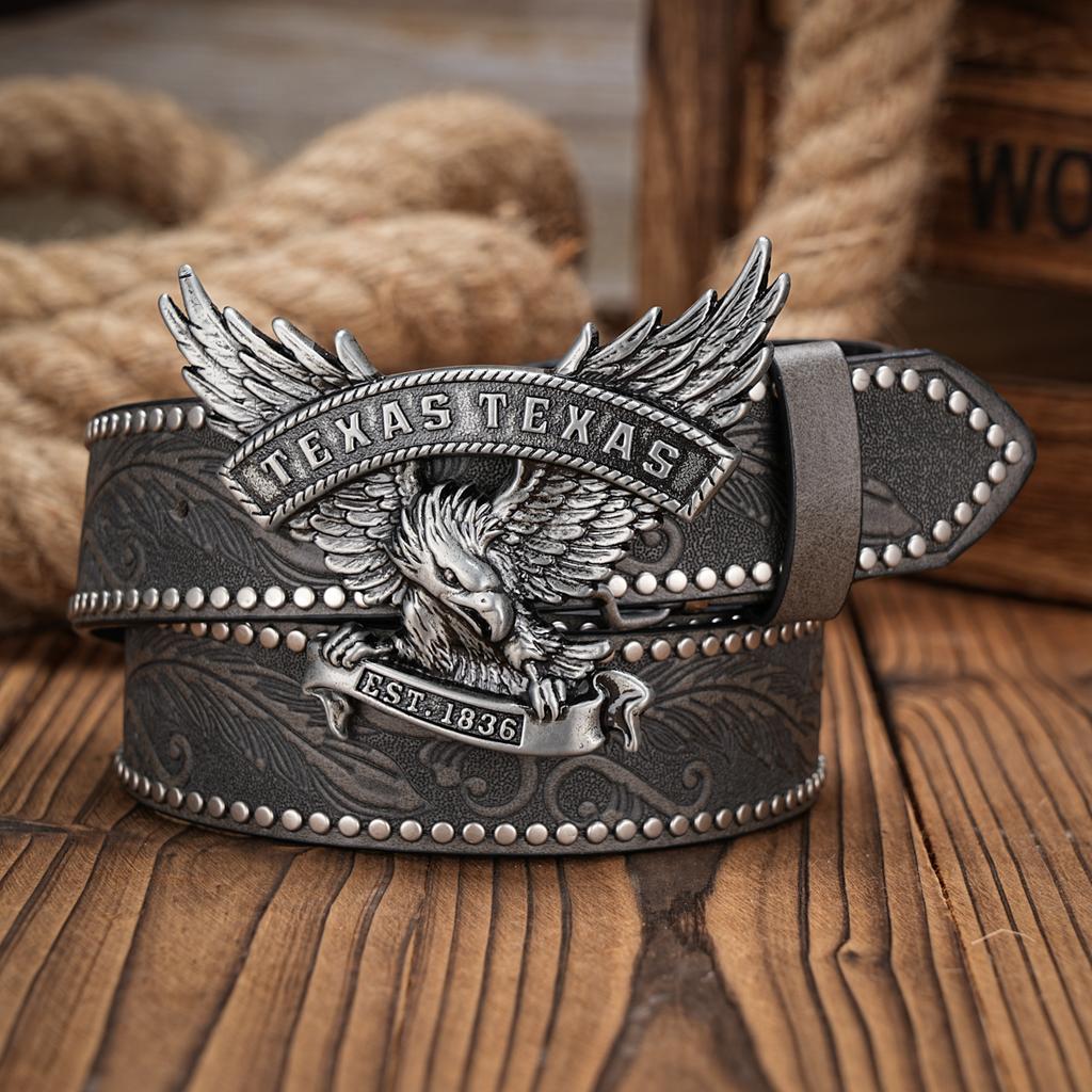 Men & Women-Western-Cowboy-PU Leather-Belts - Vintage horse Belt Floral Engraved Buckle Belt for Jeans