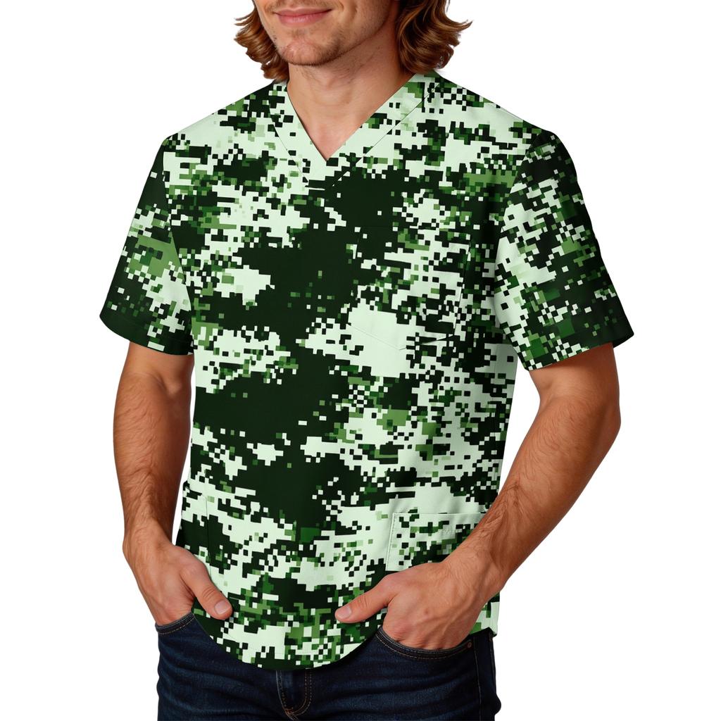 Mens Short Sleeve V Neck Scrub Top Camouflage Printed Pullover Uniform Shirt with Chest Pocket for