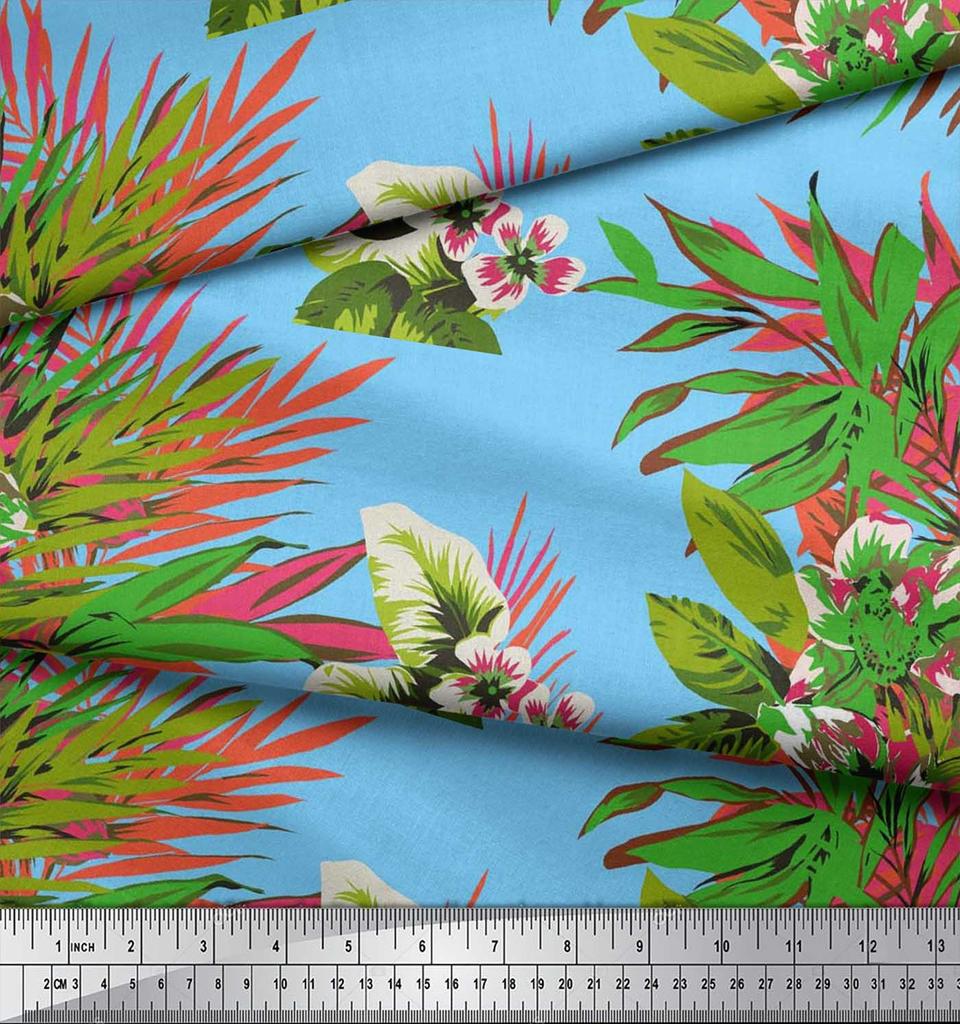Soimoi Cotton Cambric Fabric Leaves & Lily Flower Print Sewing Fabric Metre 42 Inch