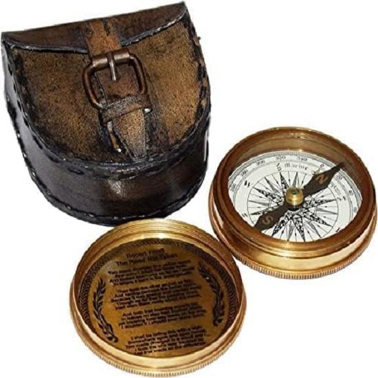 Brass Marine Pocket Compass, Handmade Unique Gift Robert Frost Poem Engraved Brass Compass,  Style Brass Pocket Compass with Black Leather Case