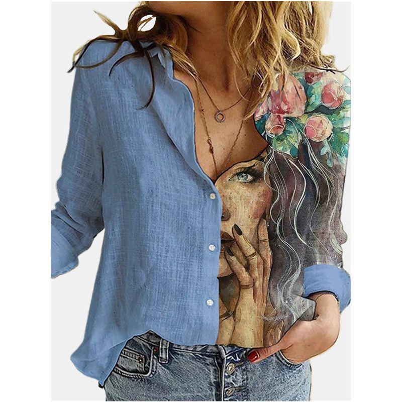 

Модная женская блузка Весенняя повседневная с мультяшным принтом Женские топы Blue 2XL