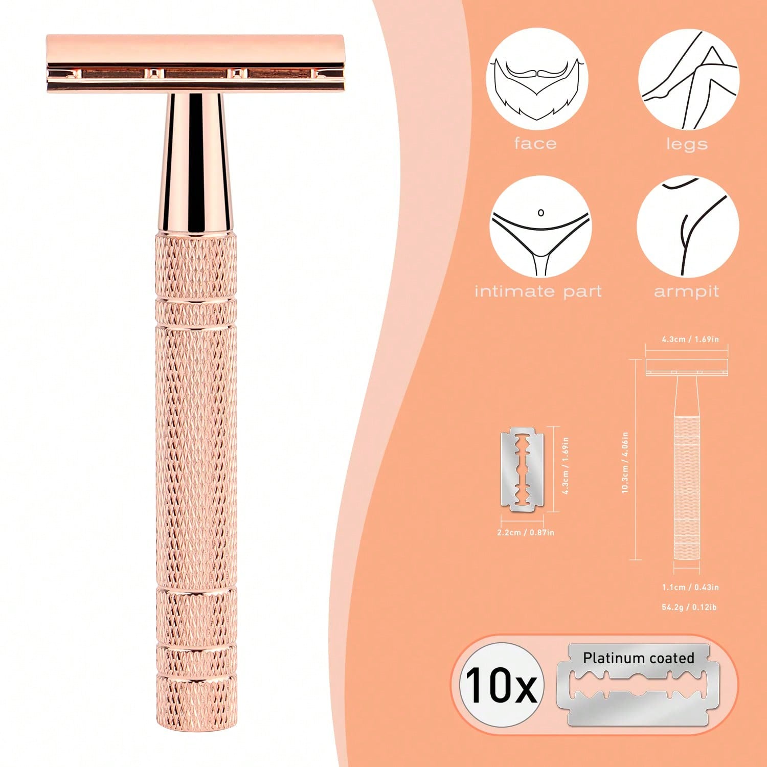 

Rose Gold Double-Edge Razor With 10 Blades, Unisex, Reusable Shaver For Home And Travel розового золота