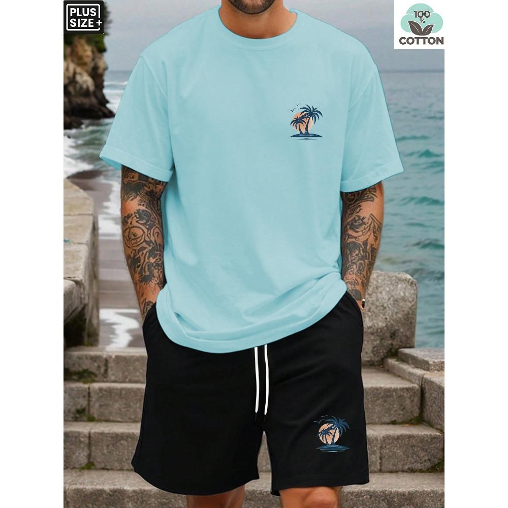 New Summer Plus Men s Casual Short Sleeved Shirt and Knee High Pocket Drawstring Shorts Set, Fashionable, Comfortable and Personalized S